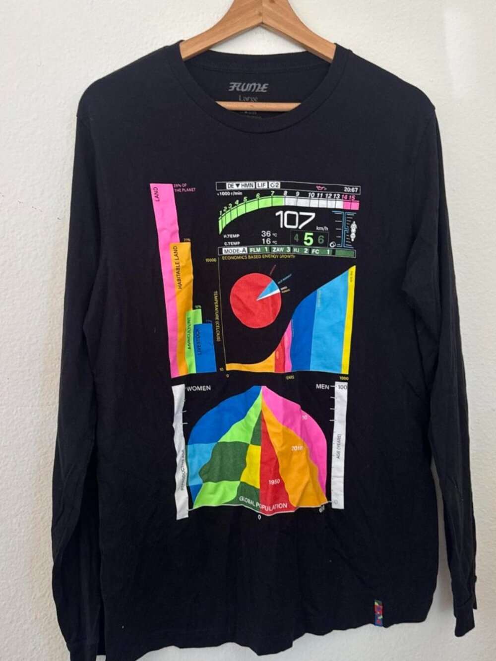 Flume black long sleeve shirt with colorful abstract graphic featuring a